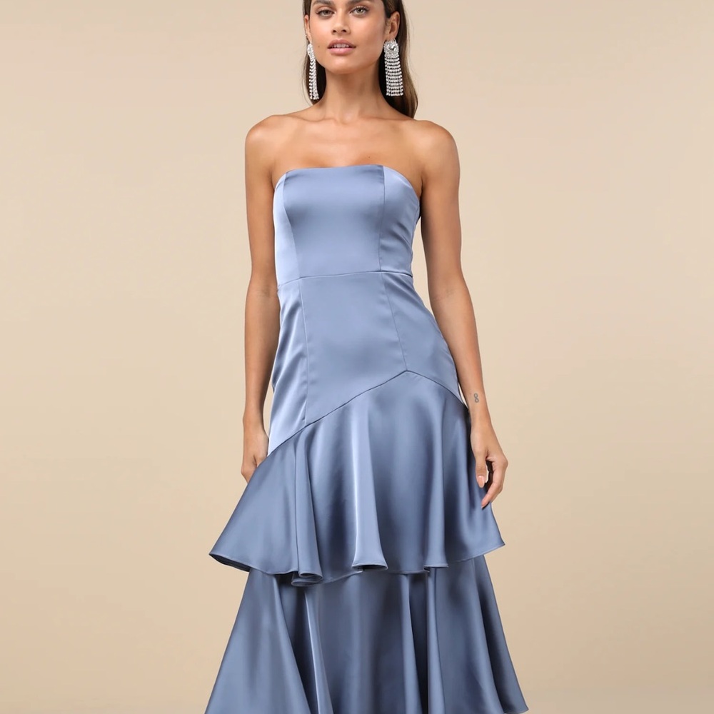 Lulu’s Blissfully Beautiful Slate Satin Strapless Tiered Maxi Dress